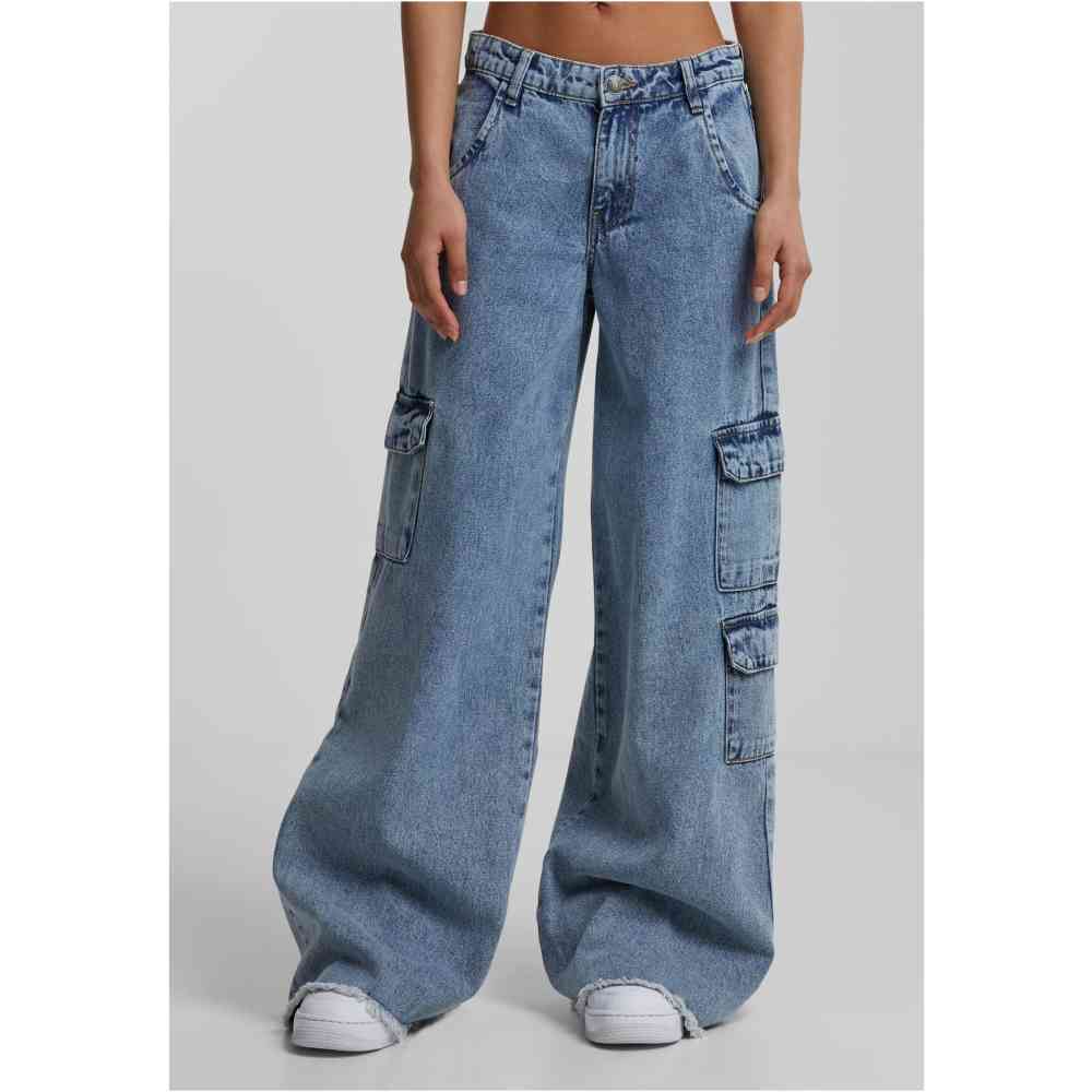 Urban Classics - Mid Waist Cargo Denim Wide leg trousers - Blue